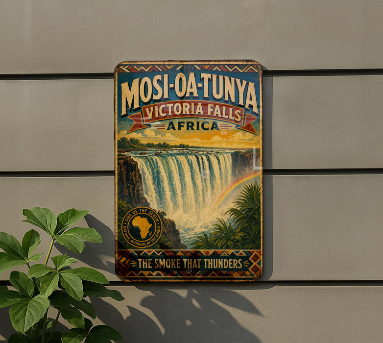 A vintage-style metal sign advertising the "Mosi-Oa-Tunya Victoria Falls, Africa" is displayed on a wall, with a plant to the left.
