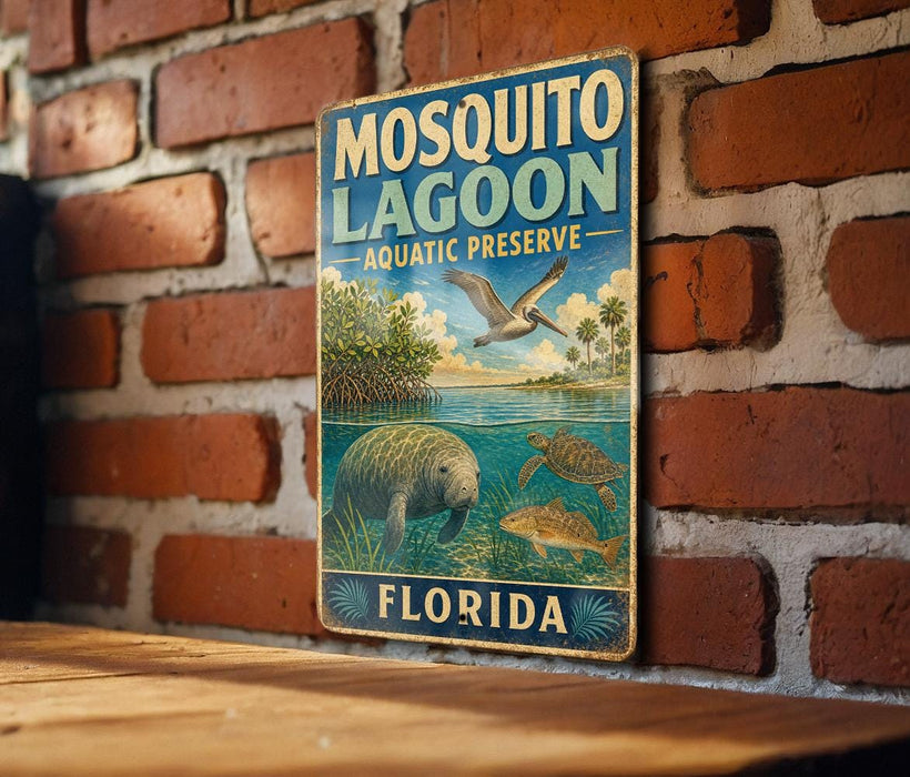A vintage-style metal sign for Mosquito Lagoon Aquatic Preserve in Florida, featuring illustrations of various marine life such as a manatee, a sea turtle, and a bird.