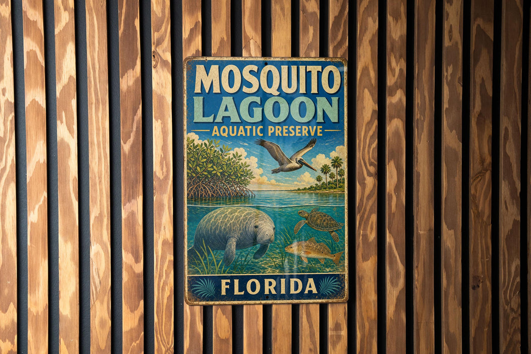 A vintage metal sign for Mosquito Lagoon Aquatic Preserve in Florida, featuring illustrations of various wildlife and plants.