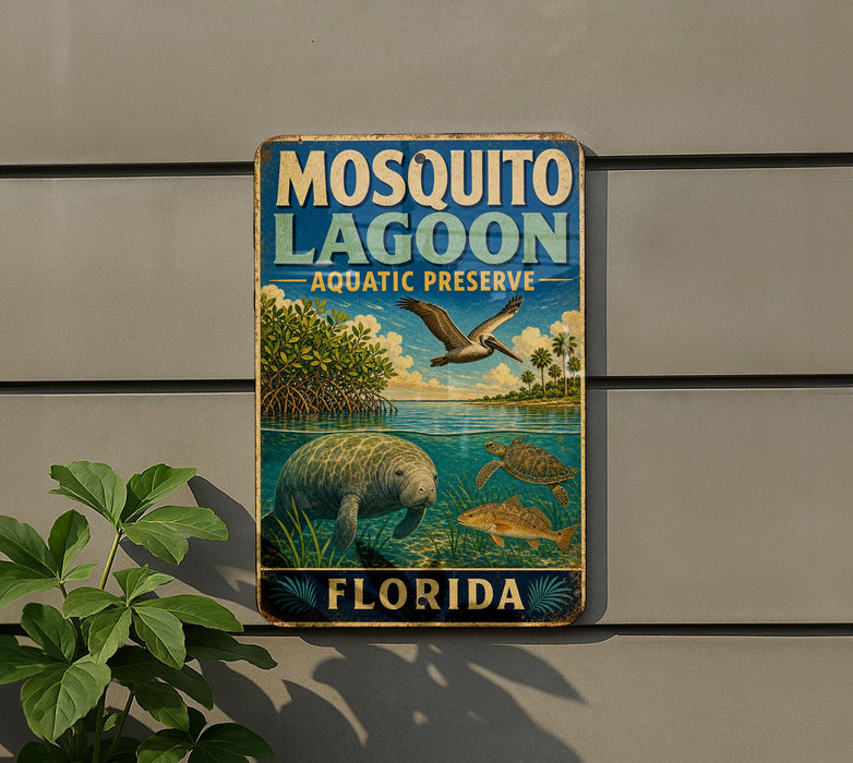 A vintage-style sign for Mosquito Lagoon Aquatic Preserve in Florida, featuring illustrations of various marine life such as a manatee, a pelican, and a turtle.
