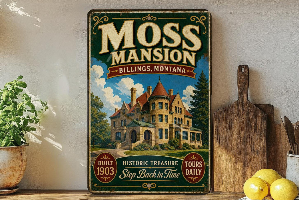 A vintage-style metal sign for the Moss mansion in Billings, Montana, featuring an illustration of a large, ornate mansion with a castle-like appearance.