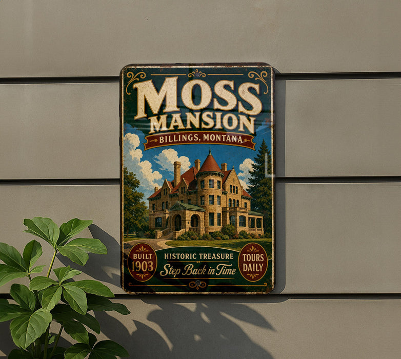 A vintage-style metal sign for the Moss Mansion in Billings, Montana, featuring an illustration of a large, ornate mansion with a prominent tower.