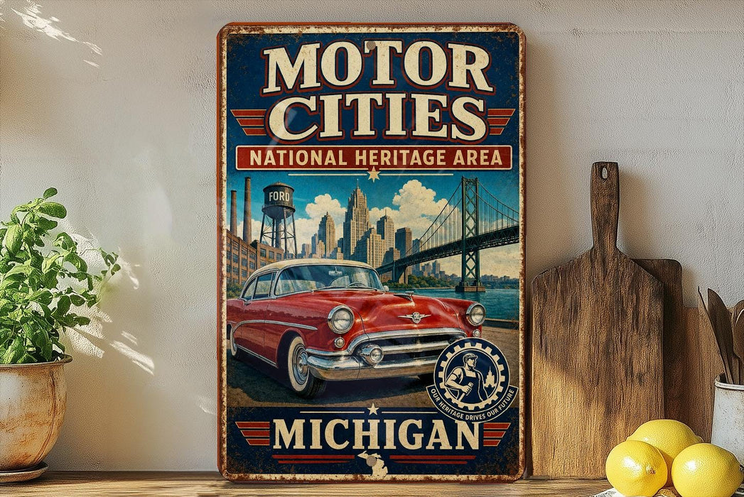 A vintage-style metal sign advertising the Motor Cities National Heritage Area in Michigan, featuring a classic red car and a bridge in the background.