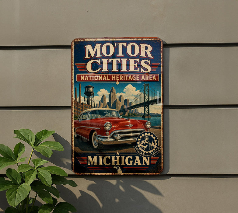 A vintage-style metal sign that reads "Motor Cities National Heritage Area" and "Michigan", featuring an illustration of a classic car and a bridge.