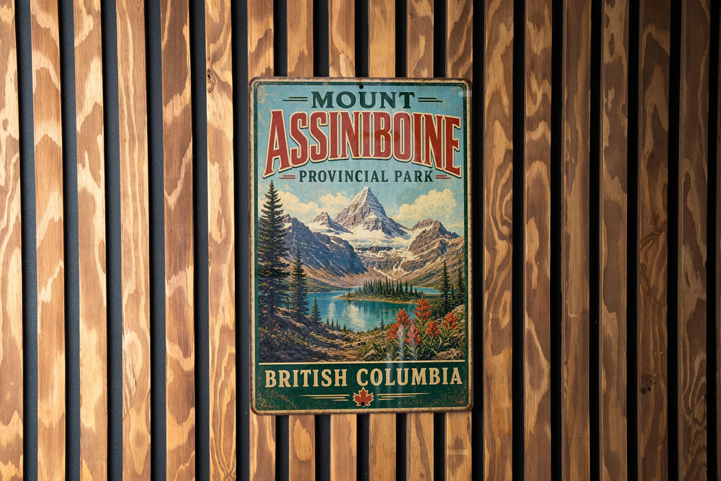 A vintage metal sign for Mount Assiniboine Provincial Park in British Columbia, Canada, featuring a scenic mountain landscape.