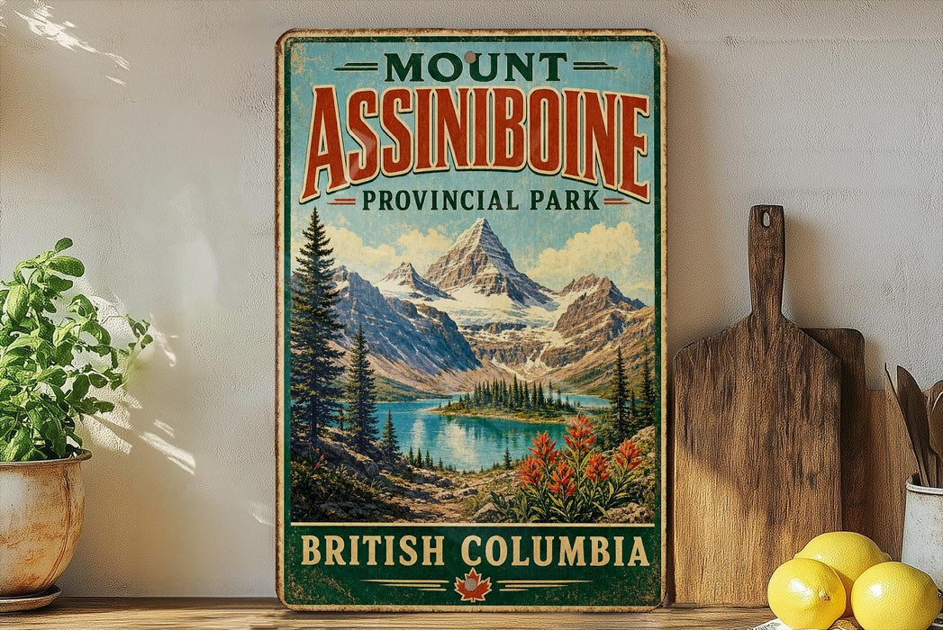 A vintage-style sign for Mount Assiniboine Provincial Park in British Columbia, Canada, featuring a scenic mountain landscape with a lake and pine trees.