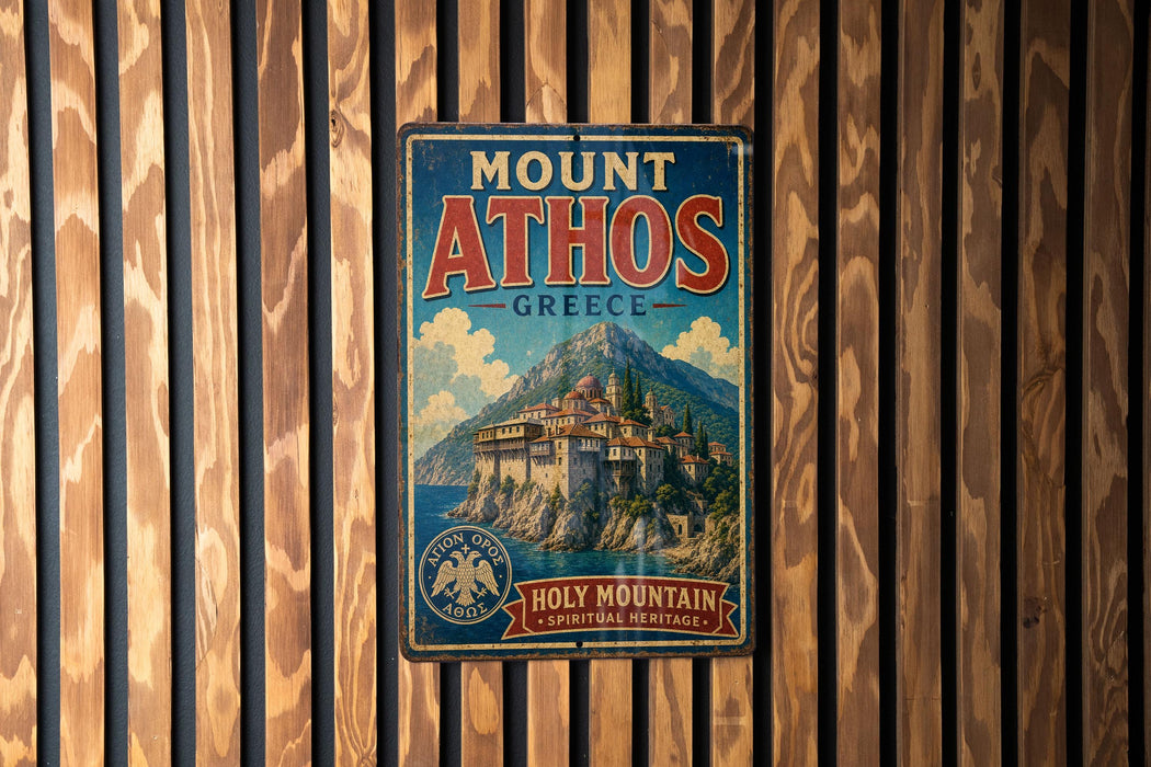 A vintage-style metal sign for Mount Athos in Greece, featuring a castle and mountain landscape.