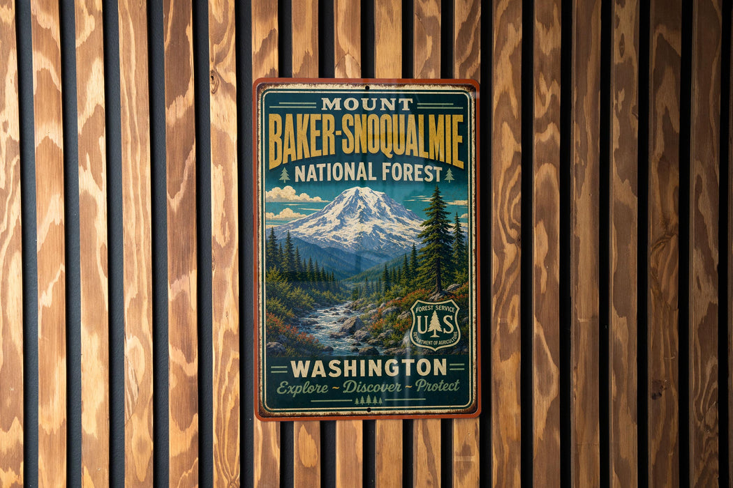 A vintage metal sign for Mount Baker-Snohomish National Forest in Washington, featuring a mountain landscape and the text "Explore - Discover - Protect".