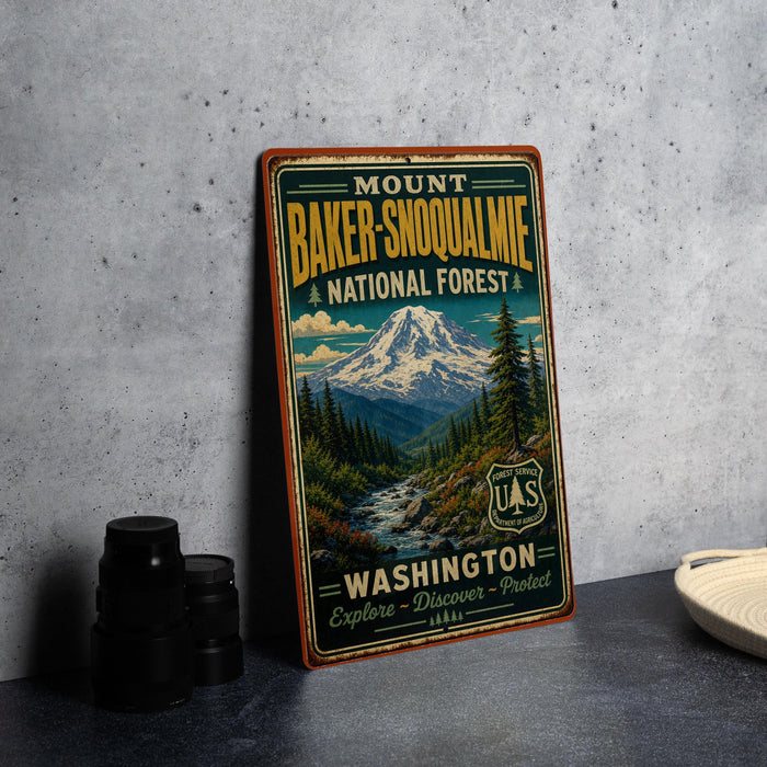 A vintage-style metal sign for Mount Baker-Snoqualmie National Forest, featuring a mountain landscape and text promoting the area's natural beauty and exploration opportunities.
