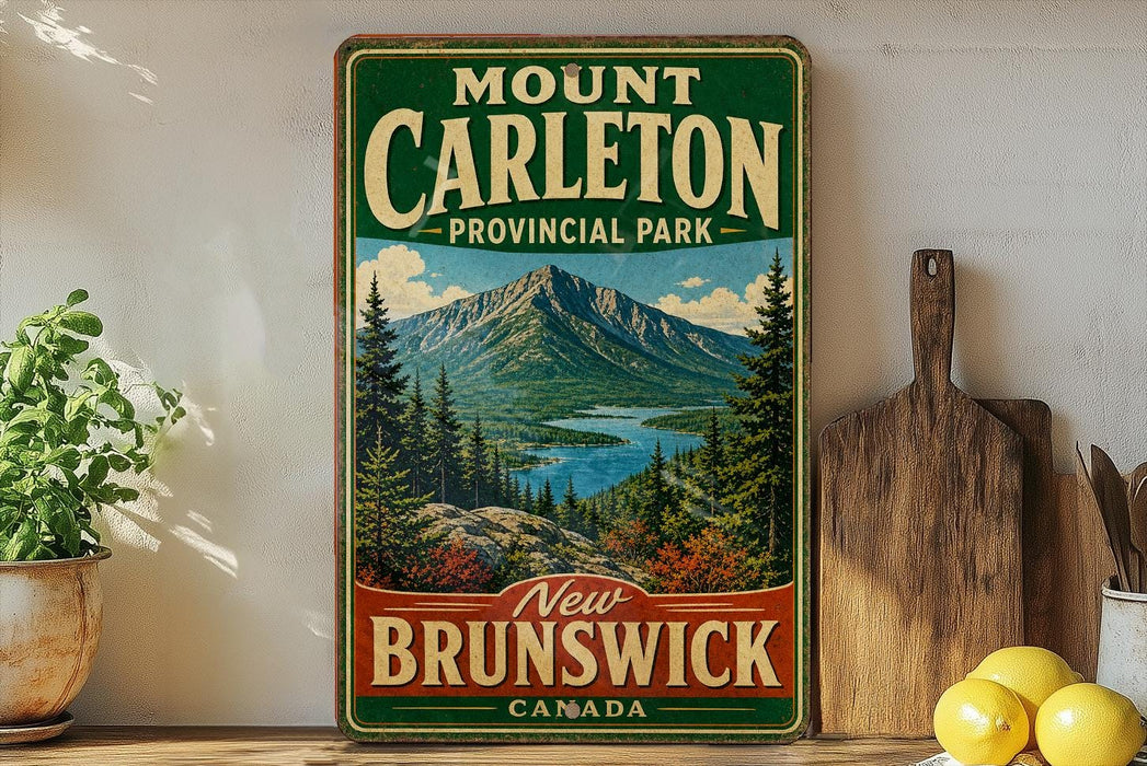 Mount Carleton, a scenic mountain range in New Brunswick, Canada, is depicted on a vintage-style sign.