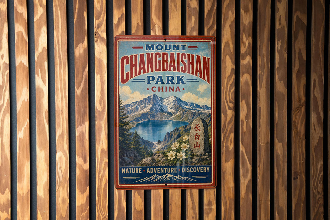 A vintage metal sign for Mount Changbai Park in China, featuring a scenic mountain landscape and the words "Nature, Adventure, Discovery" in bold text.