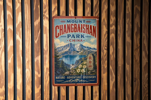 A vintage metal sign for Mount Changbai Park in China, featuring a scenic mountain landscape and the words "Nature, Adventure, Discovery" in bold text.