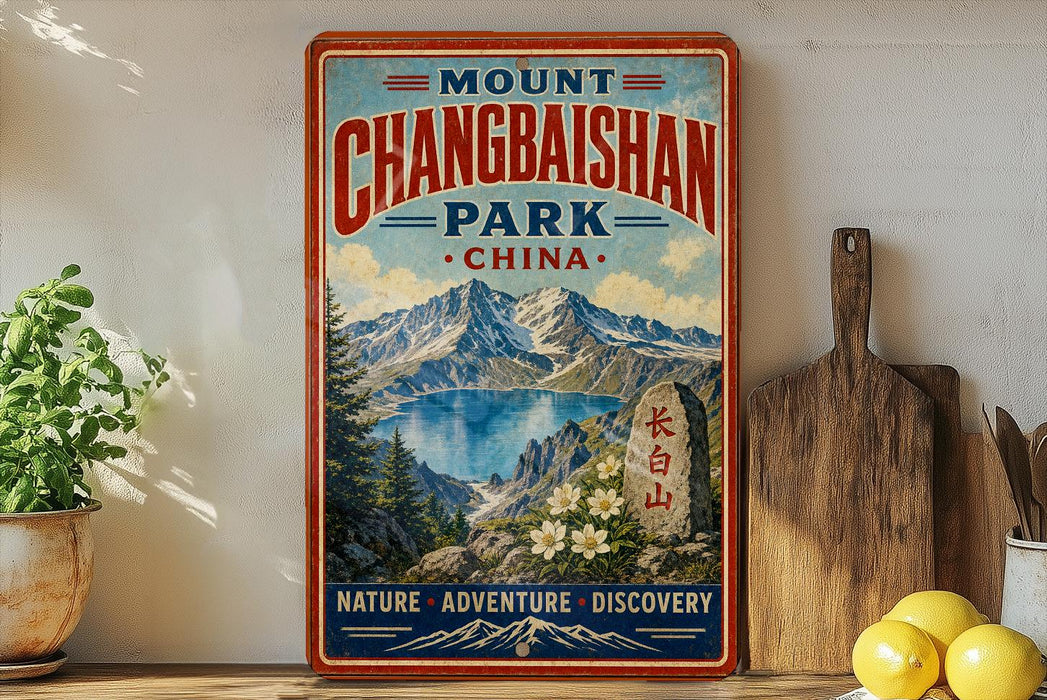 A vintage-style poster advertising Mount Changbai Park in China, featuring a scenic mountain landscape with a lake and pine trees.