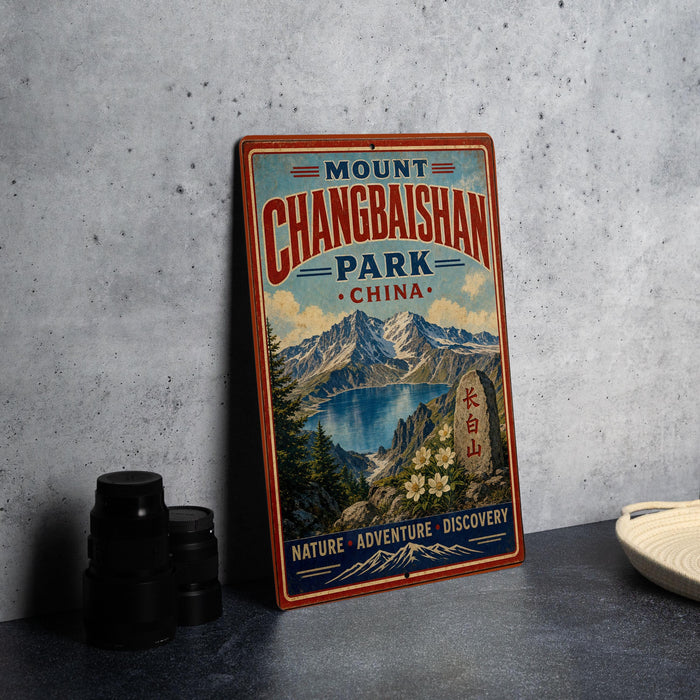 A vintage metal sign for Mount Changbai Park in China, featuring a scenic mountain landscape and the words "Mount Changbai Park" prominently displayed.
