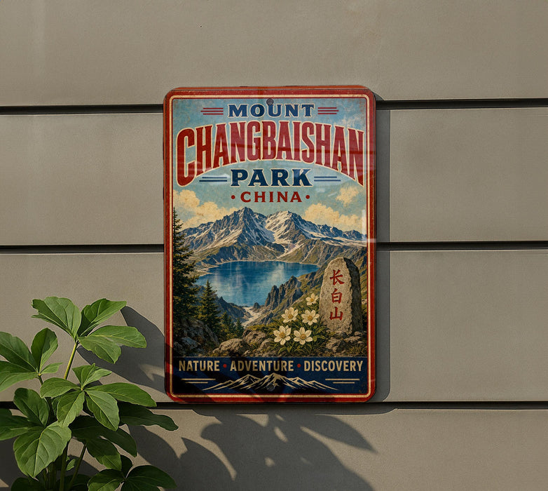 A vintage-style sign for Mount Changbashi Park in China, featuring a scenic mountain landscape with a lake and pine trees.