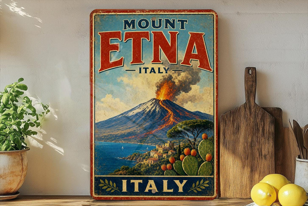 A vintage-style poster advertising Mount Etna, Italy, featuring a scenic landscape with a volcano, cacti, and a coastal town.