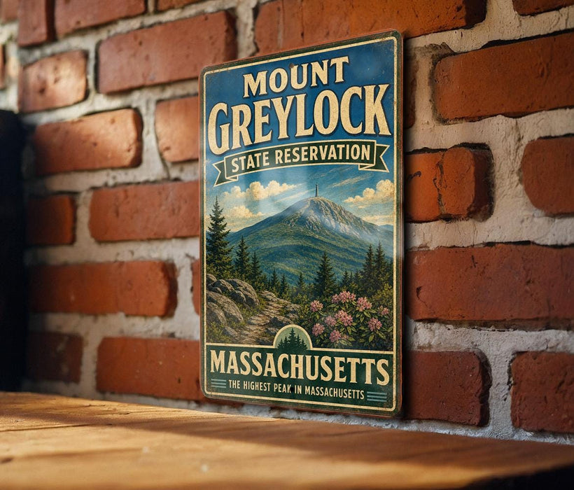 A vintage metal sign for Mount Greylock State Reserve in Massachusetts, featuring a scenic mountain landscape with pine trees and flowers.