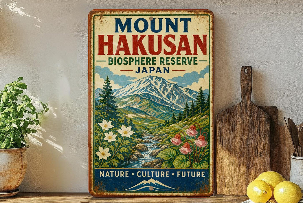 A vintage-style sign for Mount Hakusan, a biosphere reserve in Japan, featuring a mountain landscape with flowers and a stream.