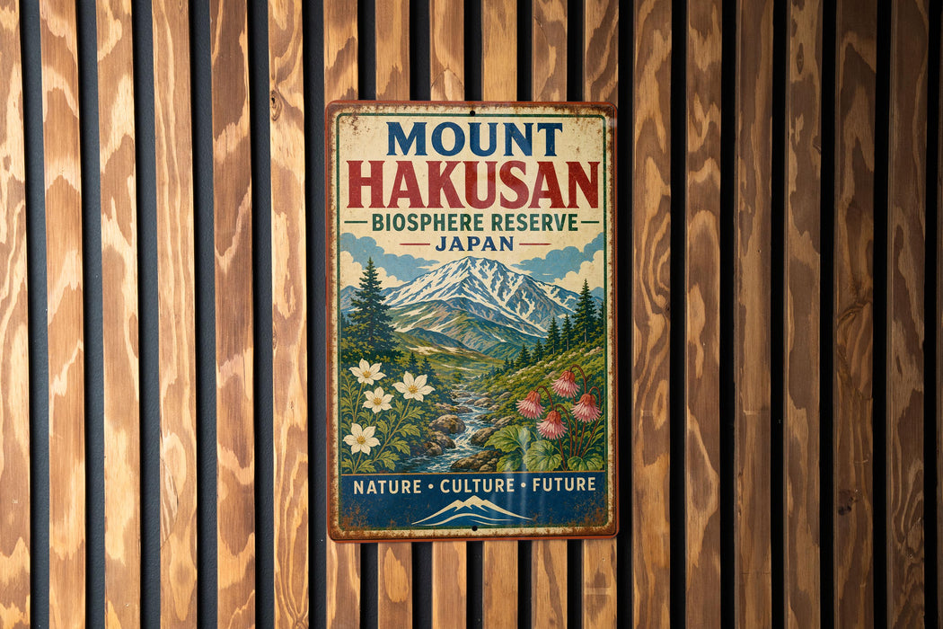 A vintage metal sign with the text "Mount Hakusan" and "Biosphere Reserve Japan" is displayed on a wooden wall.