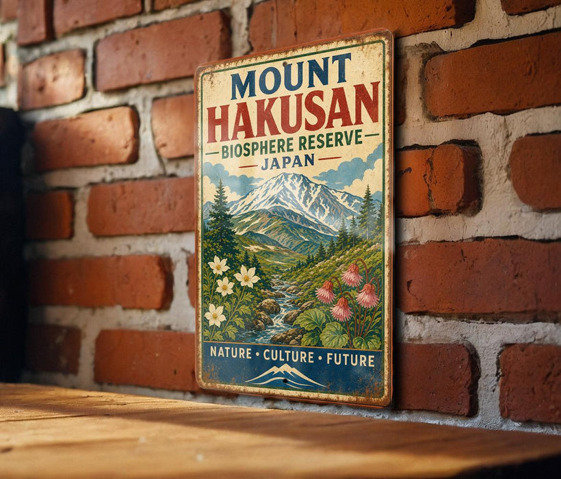 A vintage-style metal sign with the text "Mount Hakusan" and "Biosphere Reserve Japan" is displayed on a brick wall.