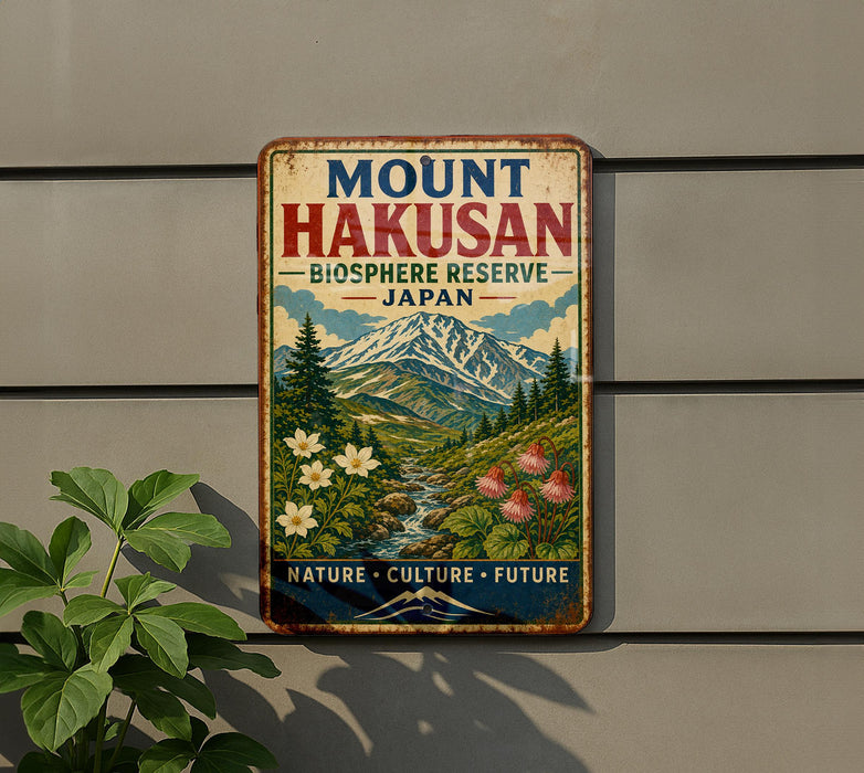 A vintage metal sign with a mountain landscape and flowers, mounted on a wall.