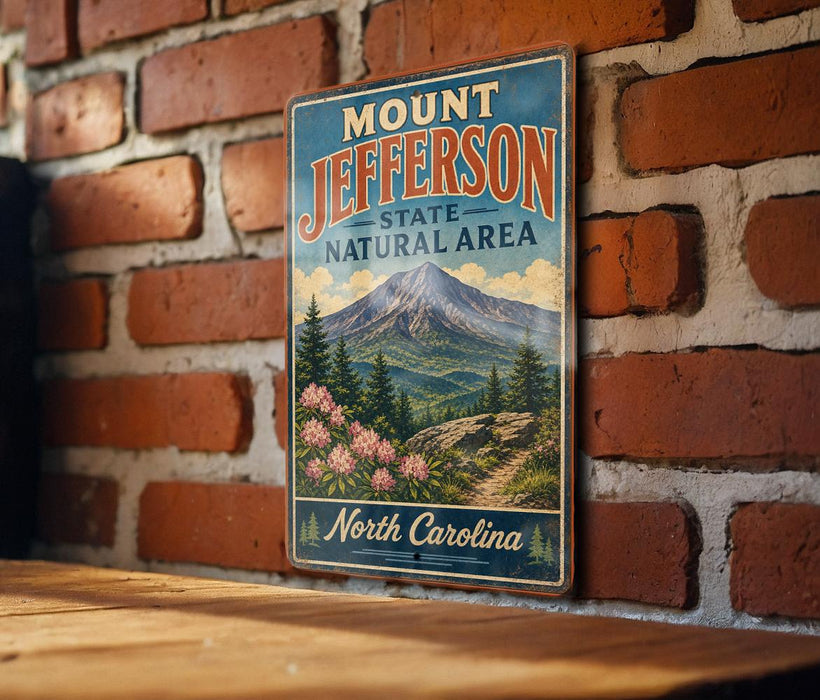 A vintage-style metal sign for Mount Jefferson State Natural Area in North Carolina, featuring a mountain landscape with pine trees and pink flowers.