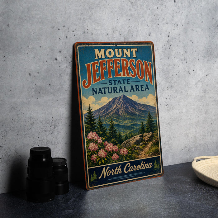 A vintage-style metal sign for Mount Jefferson State Natural Area in North Carolina, featuring a mountain landscape with pine trees and pink flowers.
