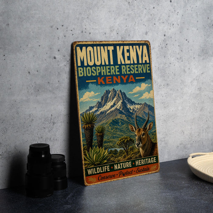 A vintage-style sign for Mount Kenya, the Bioscape Reserve in Kenya, featuring a mountain landscape and wildlife.