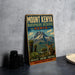 A vintage-style sign for Mount Kenya, the Bioscape Reserve in Kenya, featuring a mountain landscape and wildlife.