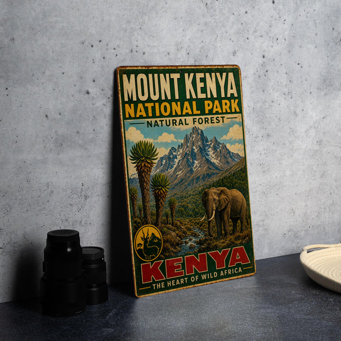 A vintage-style metal sign for Mount Kenya National Park, featuring an illustration of a mountain landscape with a large elephant in the foreground.