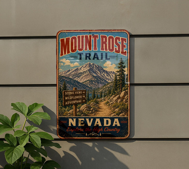 A vintage-style metal sign for the Mount Rose Trail in Nevada, featuring a scenic mountain landscape and trail signs.