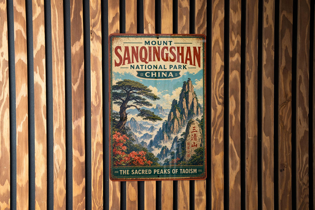 A vintage-style metal sign for Mount Sanqingshan National Park in China, featuring a scenic mountain landscape with a tree and flowers.