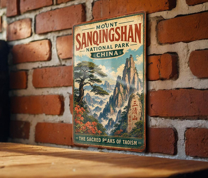 A vintage-style metal sign for Mount Sanqingshan National Park in China, featuring a scenic mountain landscape with a tree and flowers.