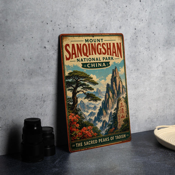 A vintage-style sign for Mount Sanqingshan National Park in China, featuring a scenic landscape with mountains, trees, and a temple.