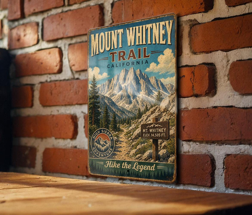 Mount Whitney Trail sign on a brick wall