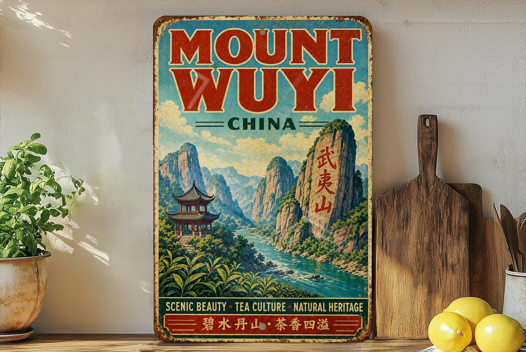 a vintage-style sign for Mount Wuyi, China, with a mountainous landscape and traditional Chinese architecture. The sign is displayed on a shelf, surrounded by various items such as a potted plant, a wooden cutting board, and some lemons.