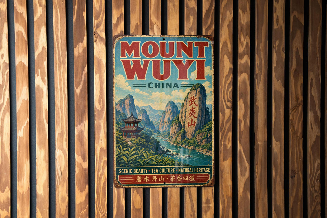 A vintage metal sign with the text "MOUNT WUYI CHINA" and an illustration of a mountainous landscape with a temple in the background.