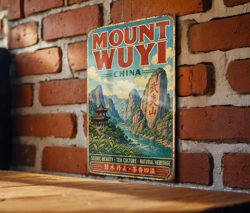 A vintage-style metal sign with the text "Mount Wuyi China" and an illustration of a mountainous landscape with a temple in the background.