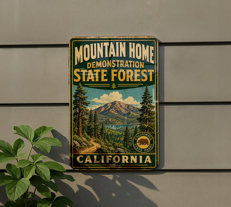 A vintage metal sign for the Mountain Home State Forest in California, featuring a scenic mountain landscape with pine trees and a lake.