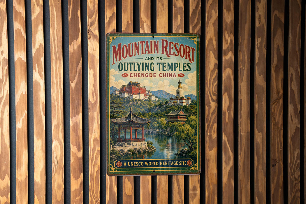 A vintage-style sign for the Mountain Resort and its Outlying Temples in Chengde, China, featuring a scenic image of traditional Chinese architecture and a temple surrounded by a river.