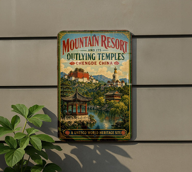 A vintage-style sign advertising the Mountain Resort and its Outlying Temples in Chengde, China, featuring a scenic landscape with traditional Chinese architecture and a temple.