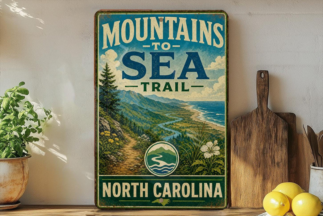 A vintage-style metal sign with the text "MOUNTAINS TO SEA TRAIL NORTH CAROLINA" displayed on a wooden shelf, with a scenic mountain landscape and a path leading to the sea in the background.