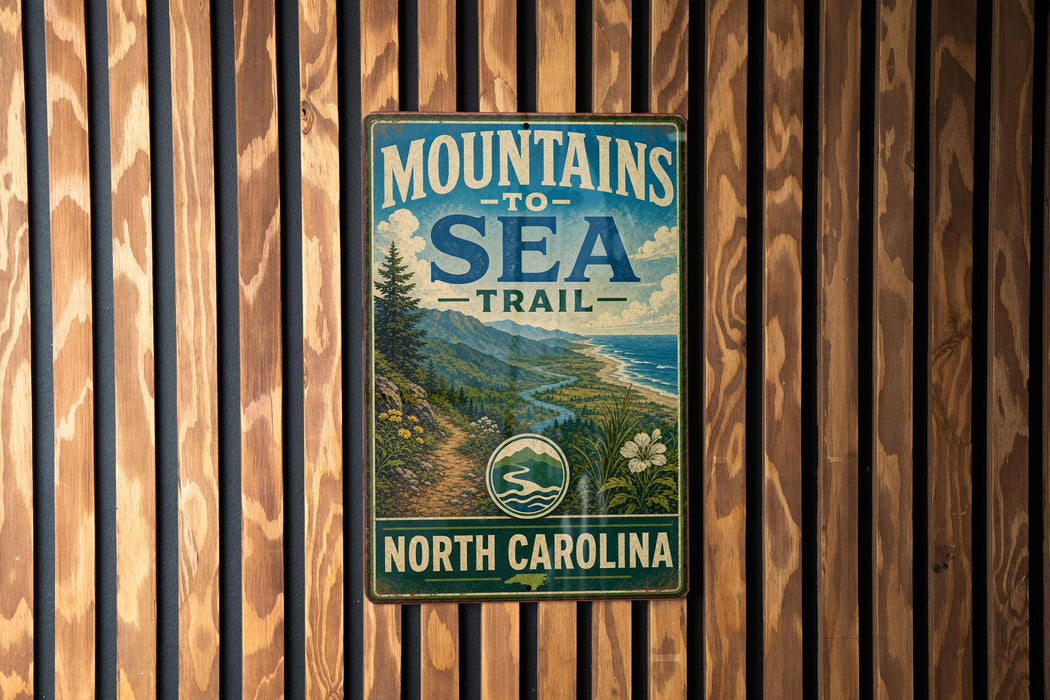 A vintage metal sign with the text "MOUNTAINS TO SEA TRAIL NORTH CAROLINA" is displayed on a wooden wall.