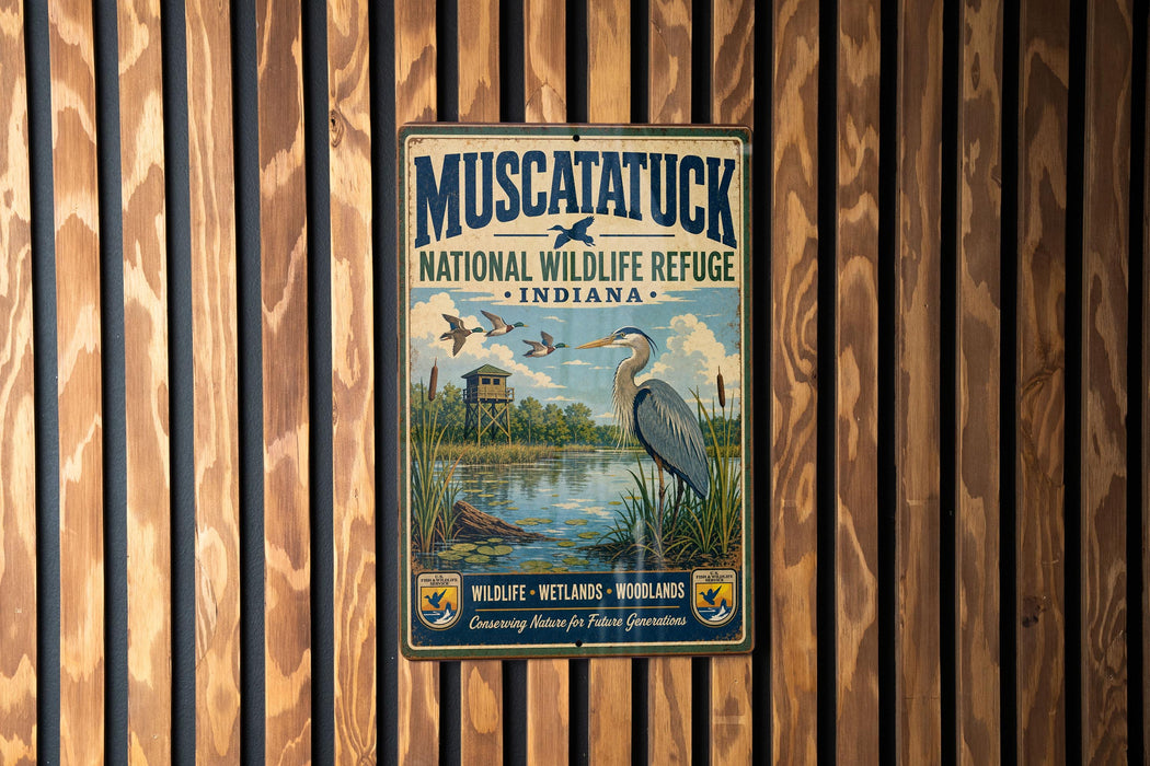 A vintage metal sign for the Muscatuck National Wildlife Refuge in Indiana, featuring an illustration of a bird and a pond surrounded by reeds.