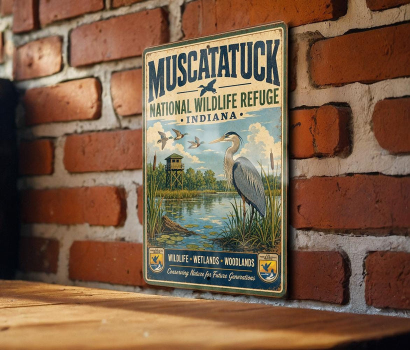 A vintage-style metal sign for the Muscatuck National Wildlife Refuge in Indiana, featuring an illustration of a bird and a serene landscape.