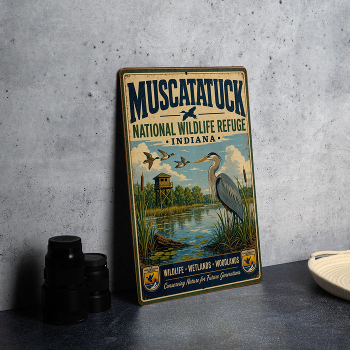 A vintage metal sign for the Muscatuck National Wildlife Refuge in Indiana, featuring an illustration of a bird and a marshy landscape.