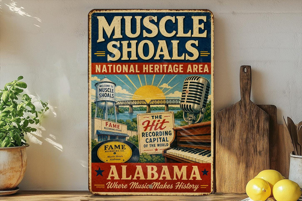 a vintage-style metal sign with text and illustrations related to the Muscles Shoals National Heritage Area in Alabama.