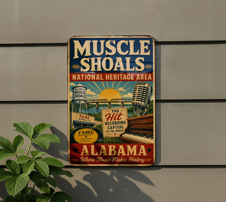 a vintage metal sign with text and illustrations related to Alabama, including a microphone, a piano, and a water tower.