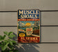 a vintage metal sign with text and illustrations related to Alabama, including a microphone, a piano, and a water tower.