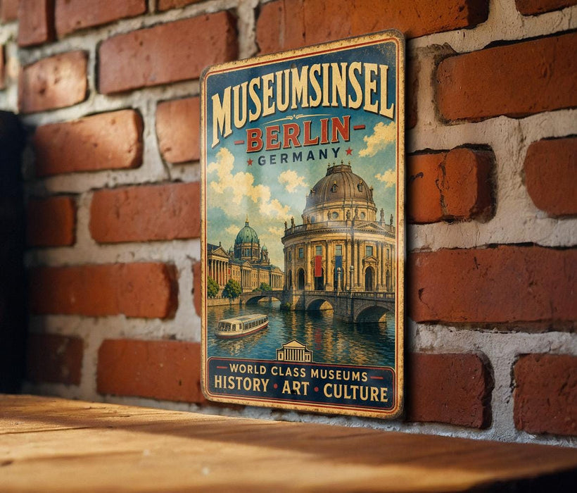 A vintage-style metal sign for the Museum of Berlin in Germany, featuring an illustration of the Berlin Wall and the Reichstag building.